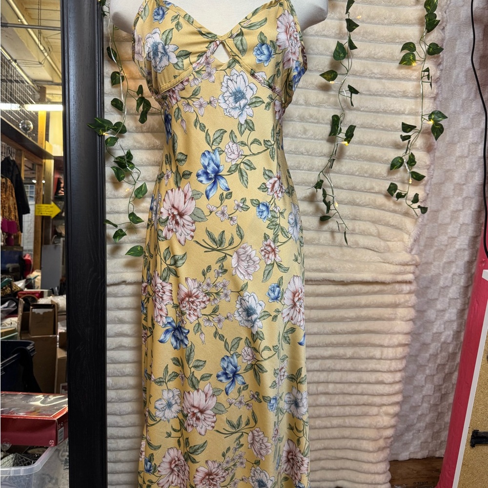 Yellow Floral Maxi Slip Dress with Blue & Pink Blooms